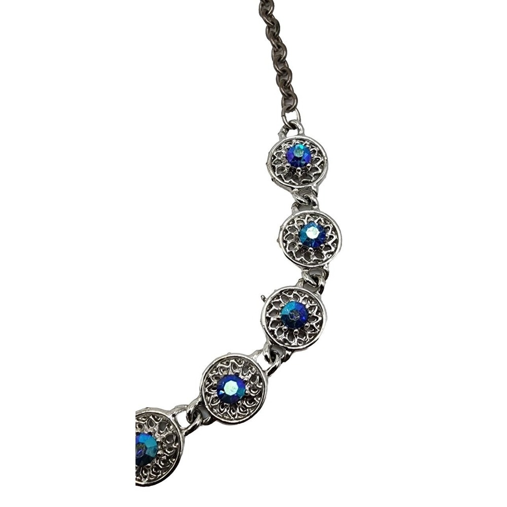 Vintage Dark Blue Aurora Borealis Rhinestone Silver Tone Filagree Necklace 17.5" - Picture 8 of 15